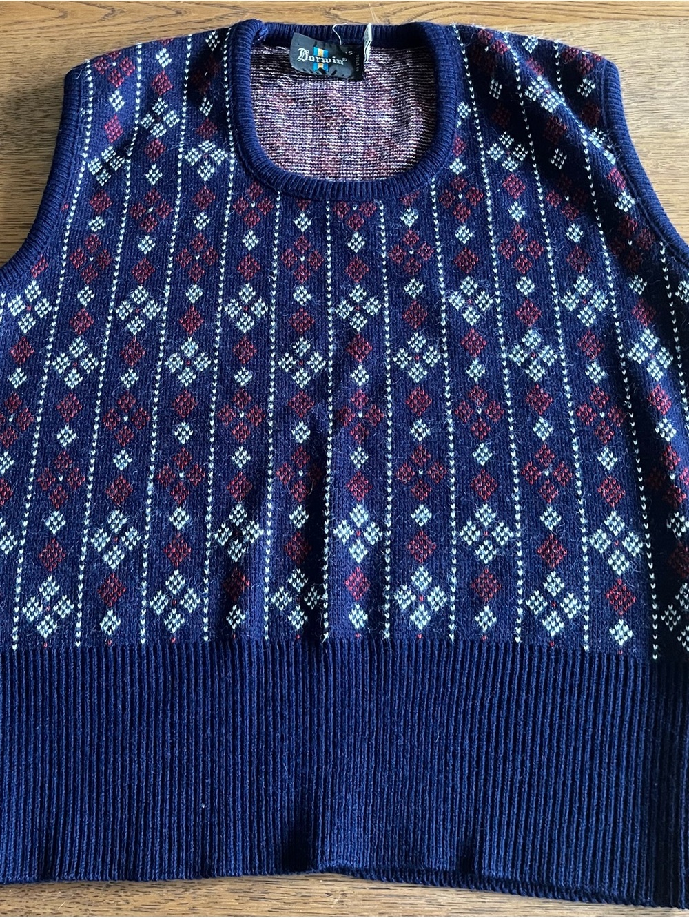 Vintage 1960’s Navy Sweater Vest with Red and White Diamond Pattern Unisex
